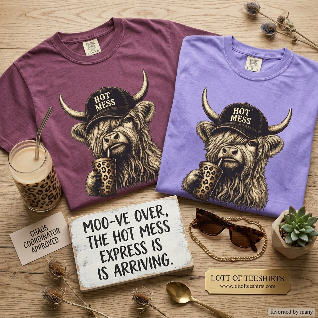 Hot Mess Highland Cow T Shirt Funny Cow with Coffee Graphic