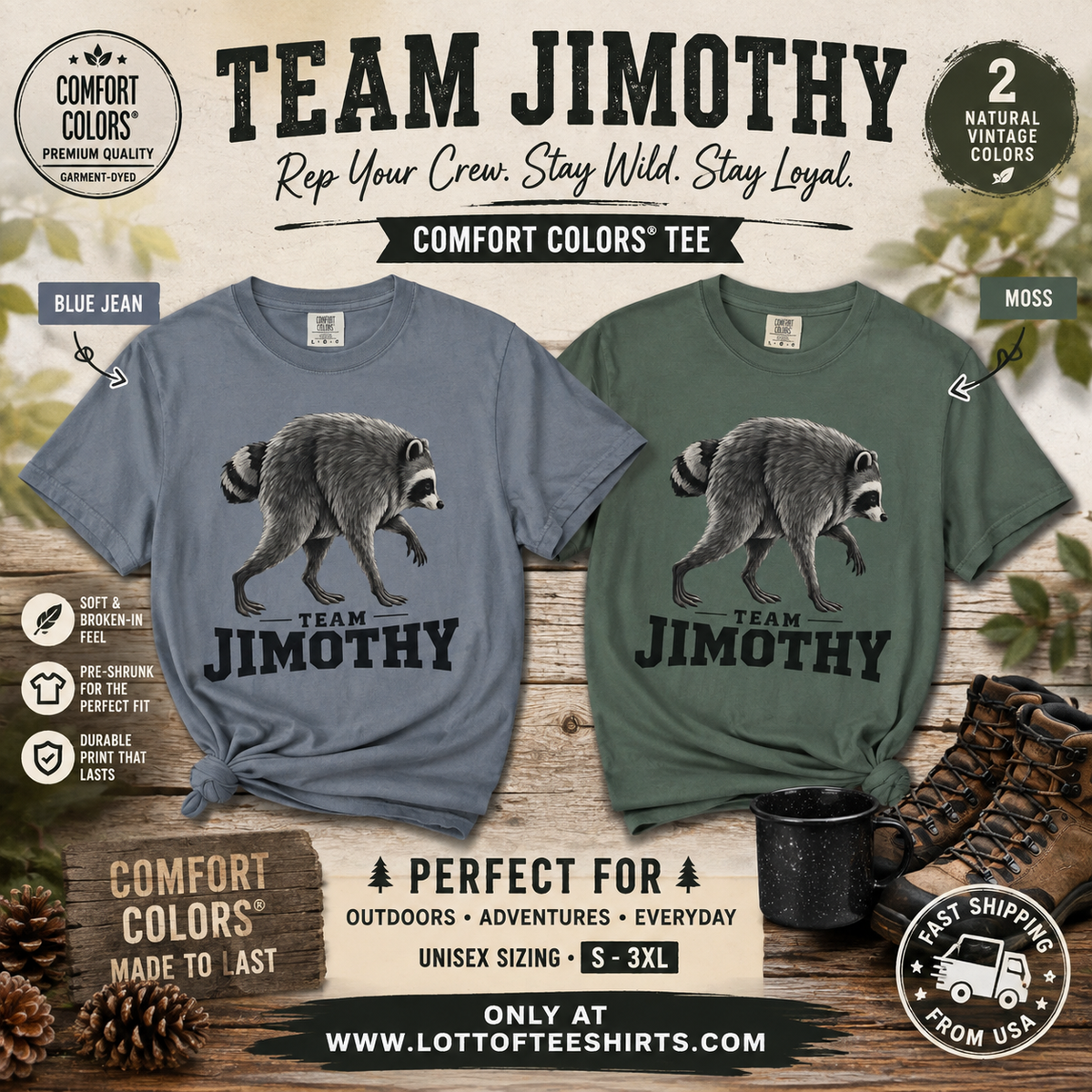 Team Jimothy Raccoon Garment Dyed Tee Shirt Vintage Wildlife Graphic Tee