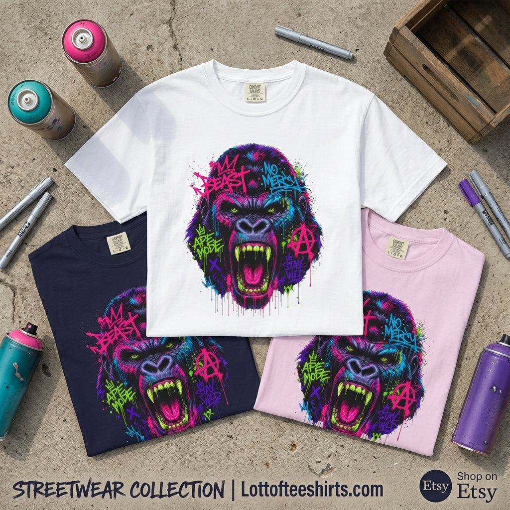 Gorilla Graffiti T Shirt Neon Street Art Ape Design