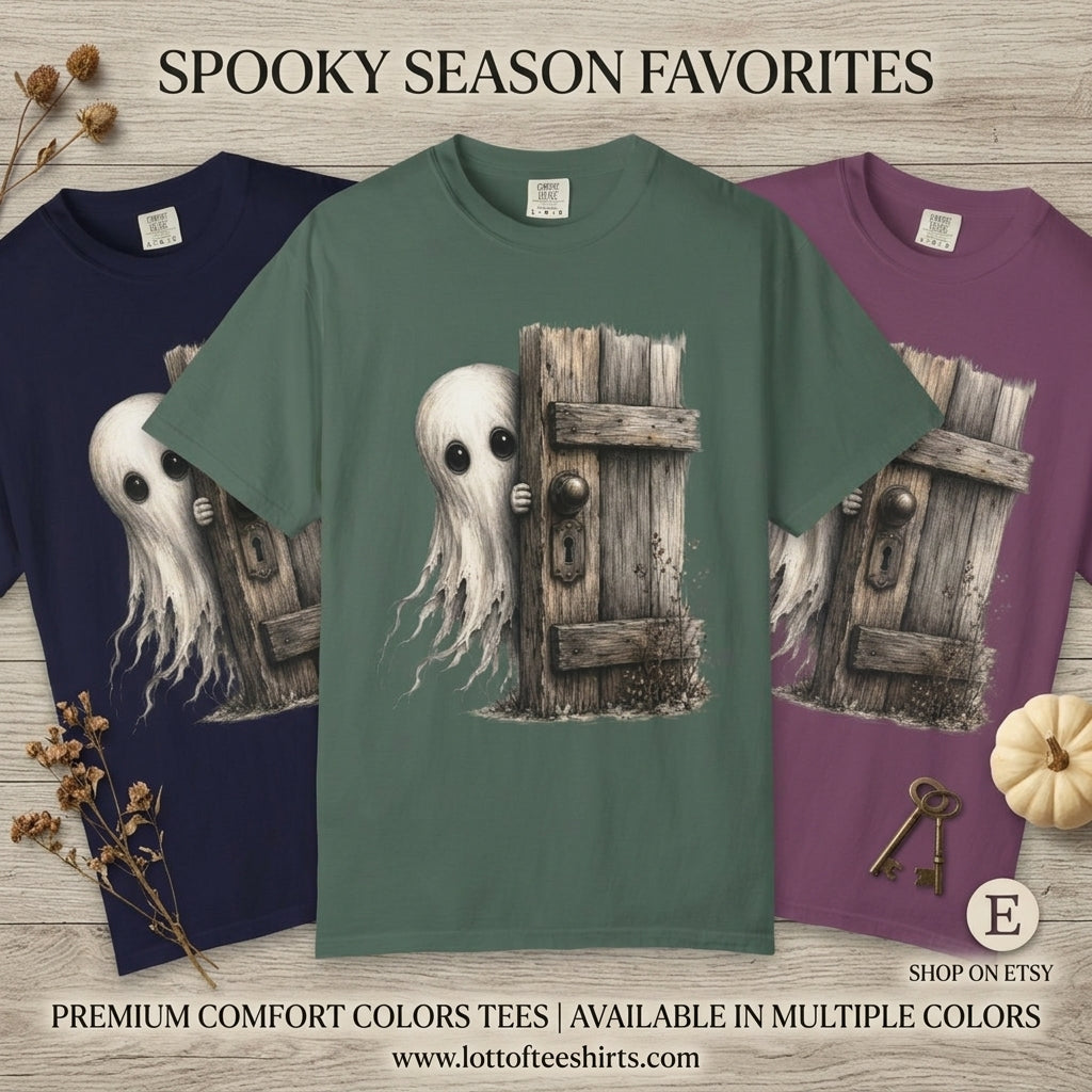 Ghost Peeking Behind Door Tee Shirt Cute Spooky Halloween Tee