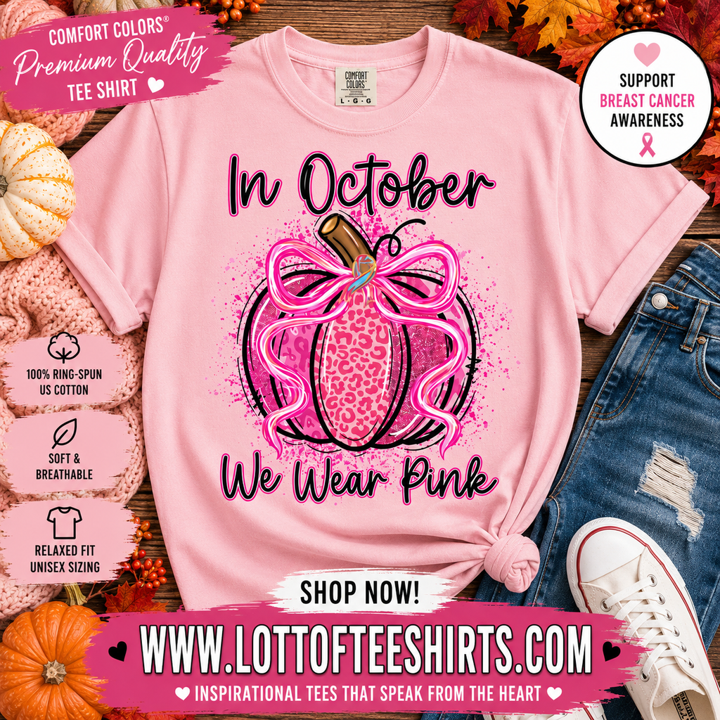 Breast Cancer Awareness Tee Shirt In October We Wear Pink Pumpkin Design