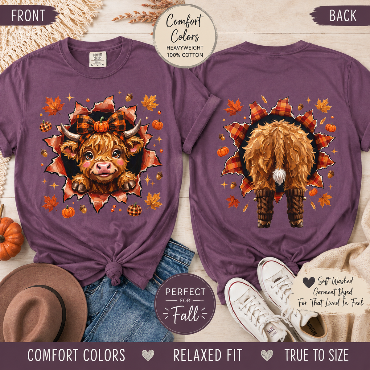 Highland Cow Autumn Tee Shirt Cute Fall Plaid Calf Design