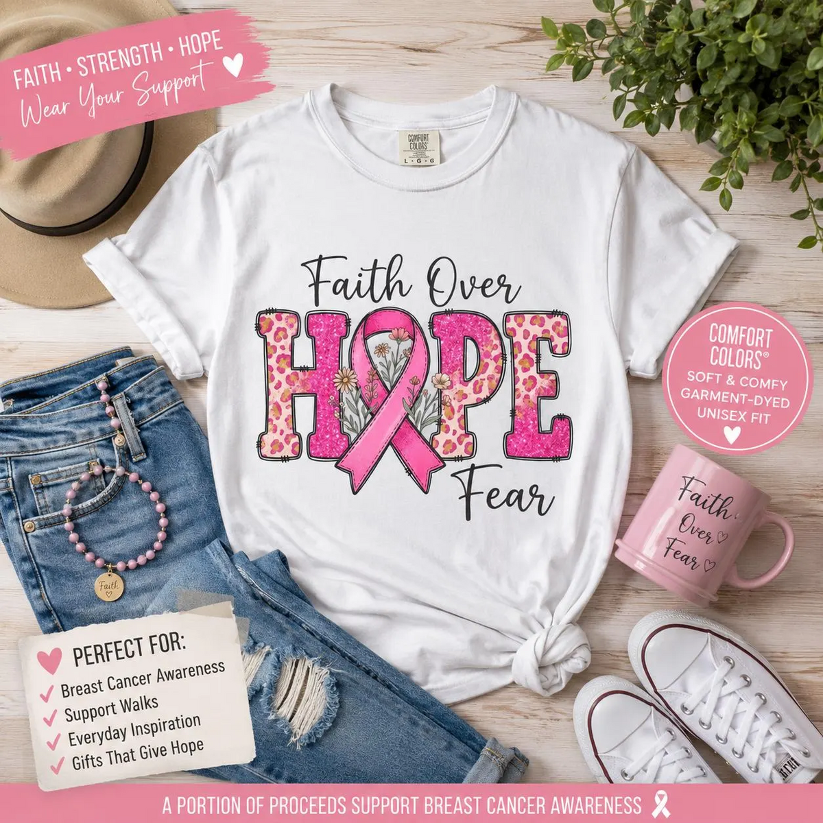 Breast Cancer Awareness Faith Over Fear Hope Tee Shirt