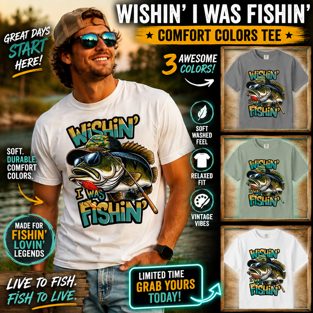 Fishing Graphic T Shirt Wishin Was Fishin Vintage Bass Tee