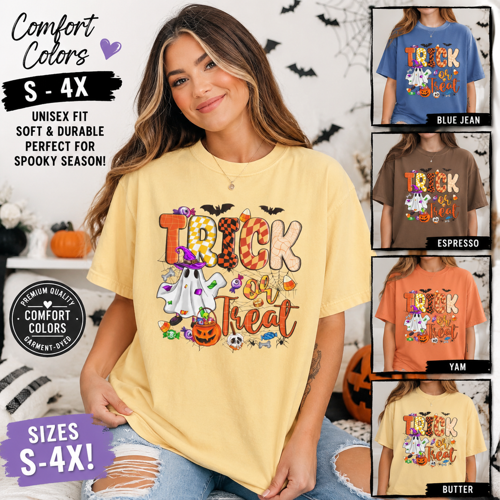 Trick or Treat Halloween T Shirt Cute Ghost Pumpkin and Candy Graphic Tee