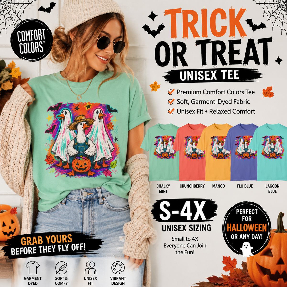 Halloween Goose T Shirt Cute Goose in Ghost Costume with Pumpkin Illustration
