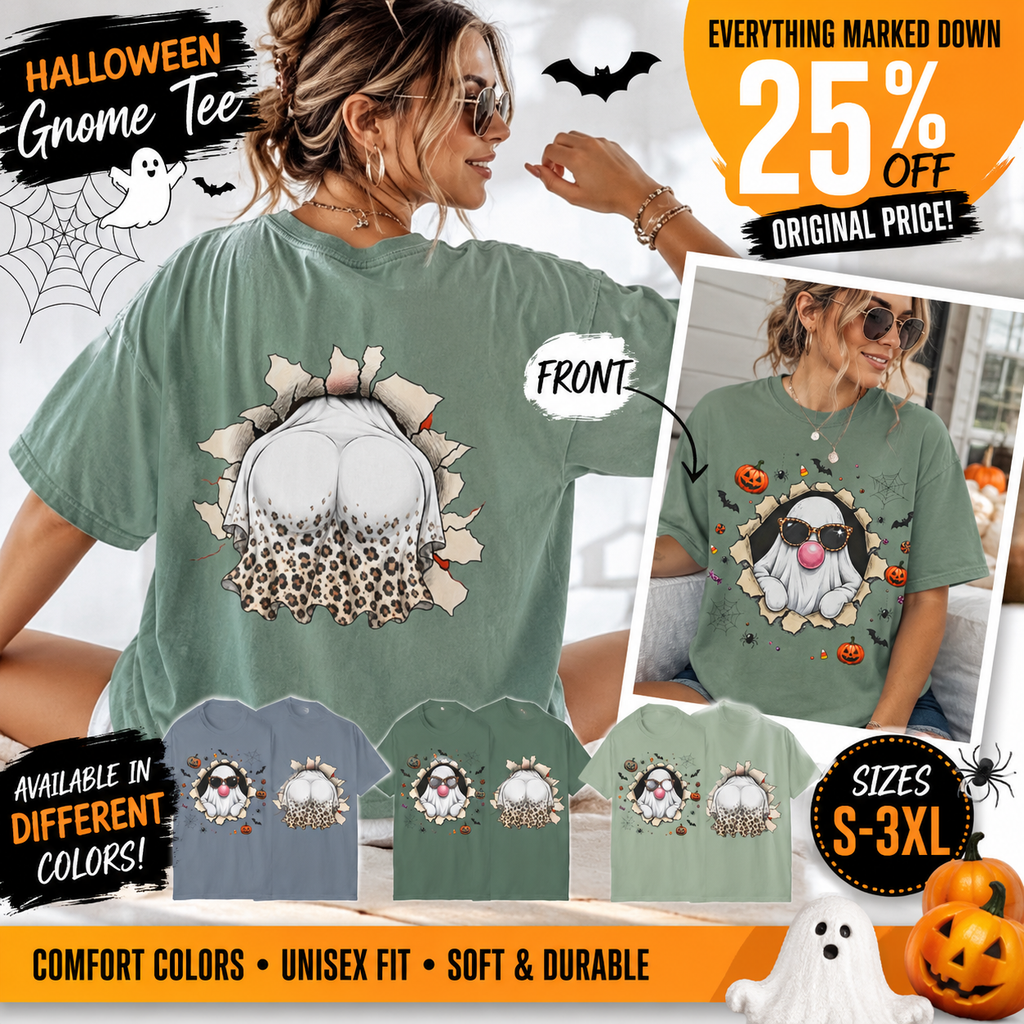Halloween Gnome T-Shirt Funny Bubblegum Ghost and Leopard Butt Graphic Tee