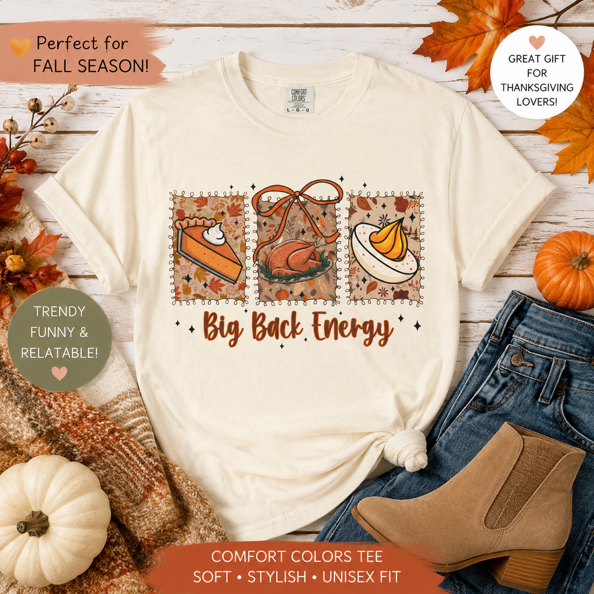 Tee Shirt Big Back Energy Thanksgiving Pie and Turkey Graphic Tee