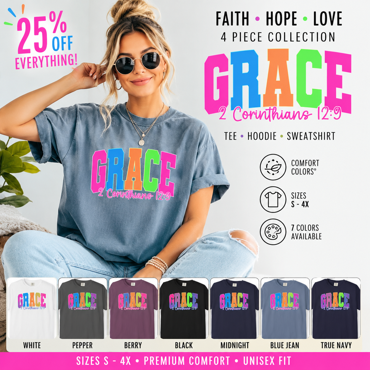 Grace Graphic Comfort Colors T Shirt  2 Corinthians 12 9 Colorblock Faith Tee