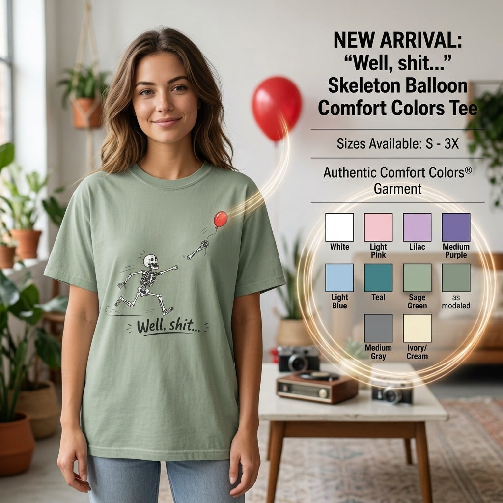 Skeleton Chasing Balloon Tee Shirt Well shit Graphic Tee
