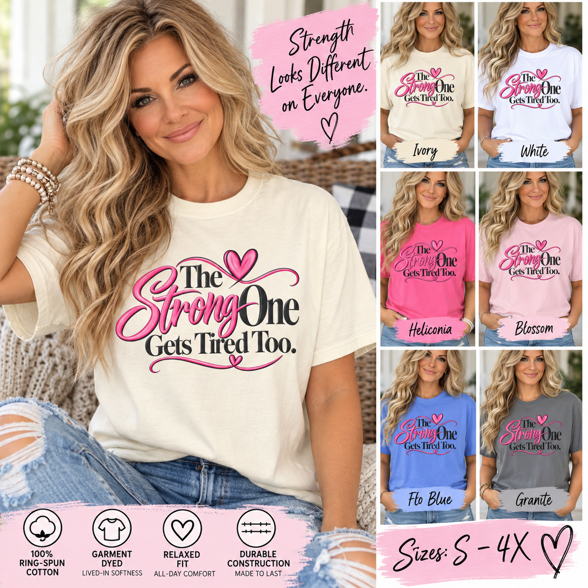 The Strong One Gets Tired Too T Shirt Inspirational Typography Pink Heart