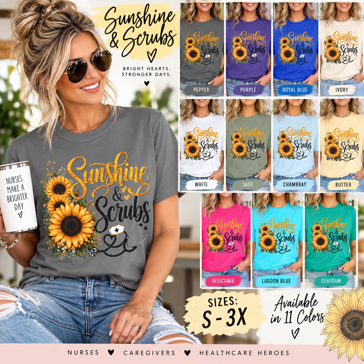 Sunshine and Scrubs Sunflower Nurse T Shirt