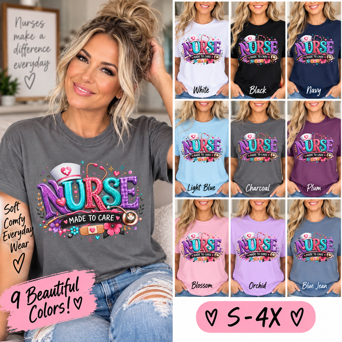 Nurse Made to Care Graphic T Shirt Cute Colorful Nursing Appreciation Tee