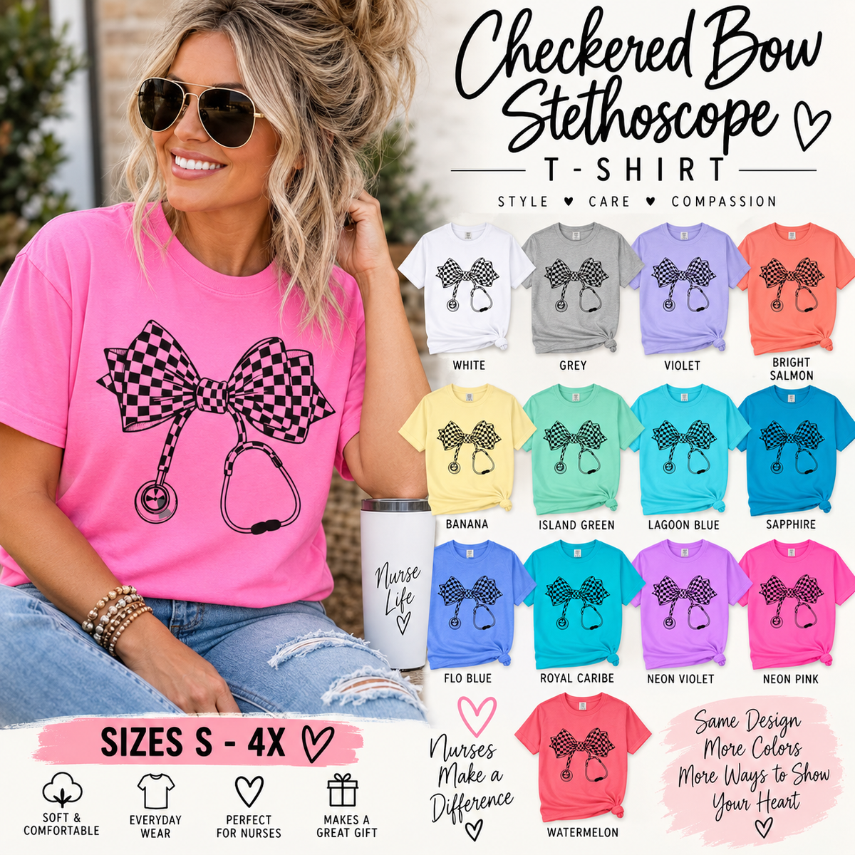 Checkerboard Bow Stethoscope T Shirt Nurse and Medical Student Gift