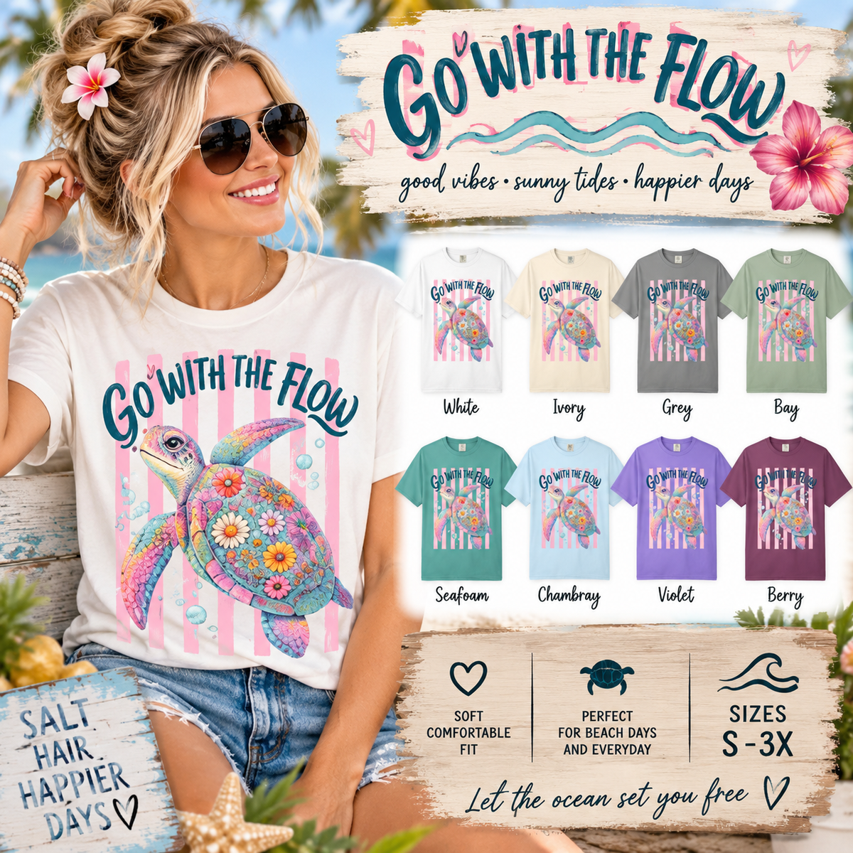 T-Shirt Go With The Flow Floral Sea Turtle Graphic Tee