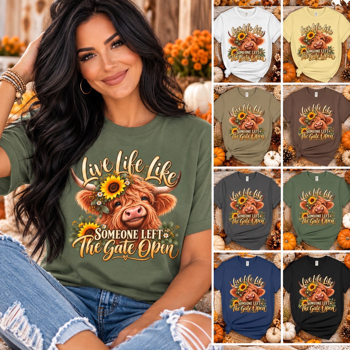 Live Life Like Someone Left the Gate Open Cow T Shirt Sunflower Highland Cattle Tee