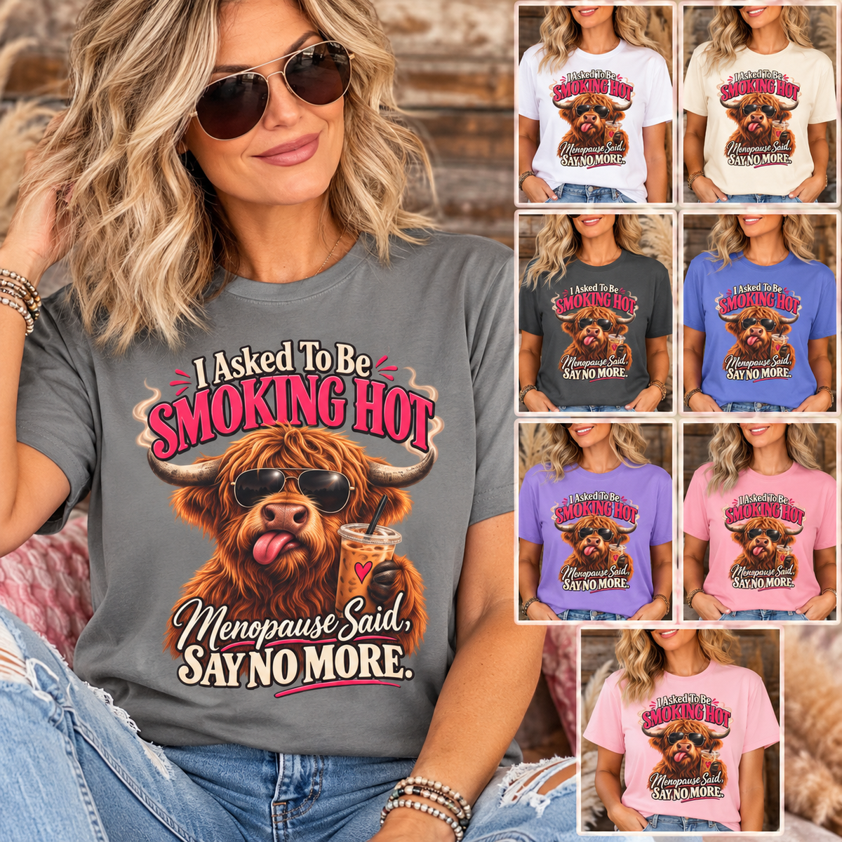 Menopause Smoking Hot Tee Shirt Funny Cow with Sunglasses and Drink