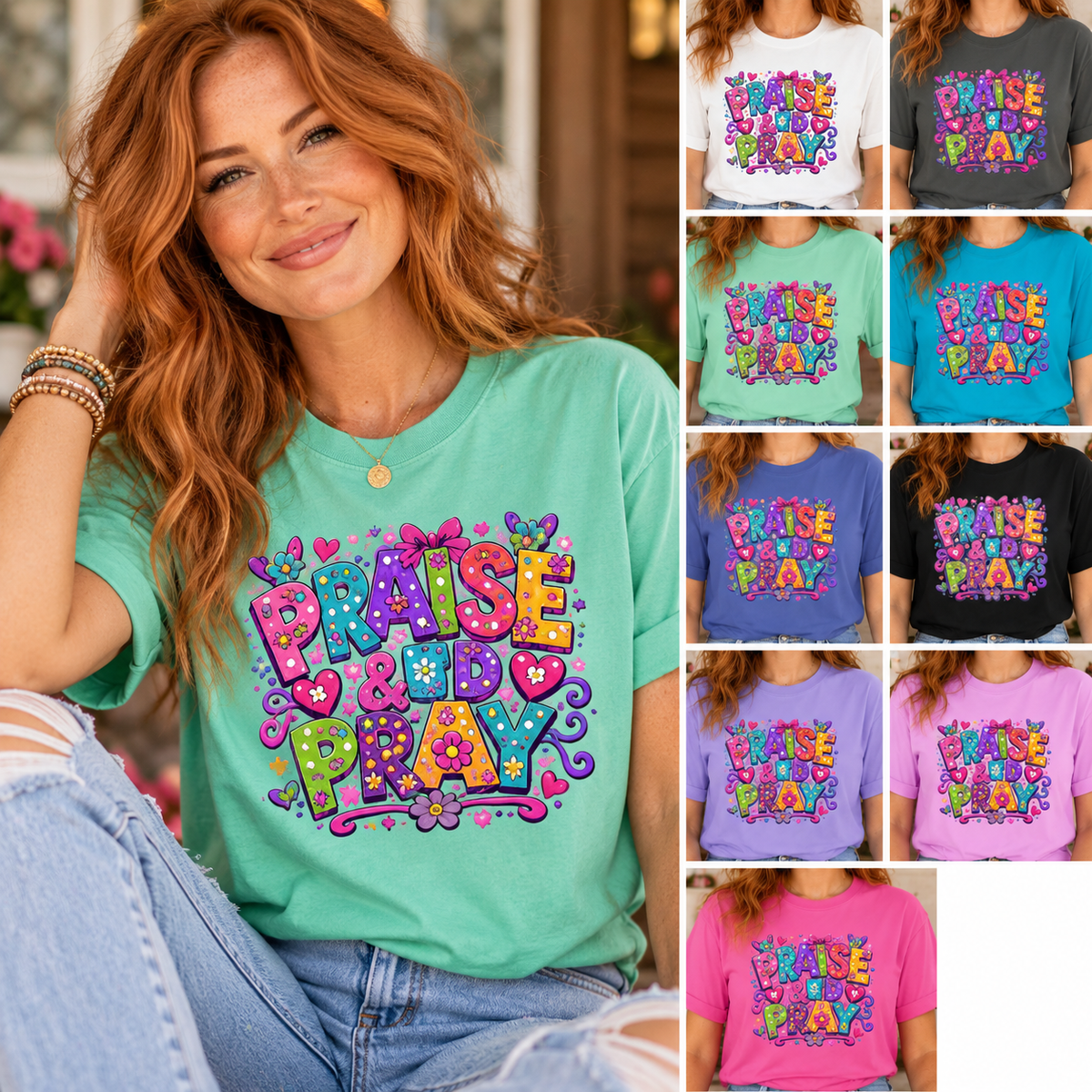 Praise and Pray T-Shirt | Colorful Handlettered Faith Design