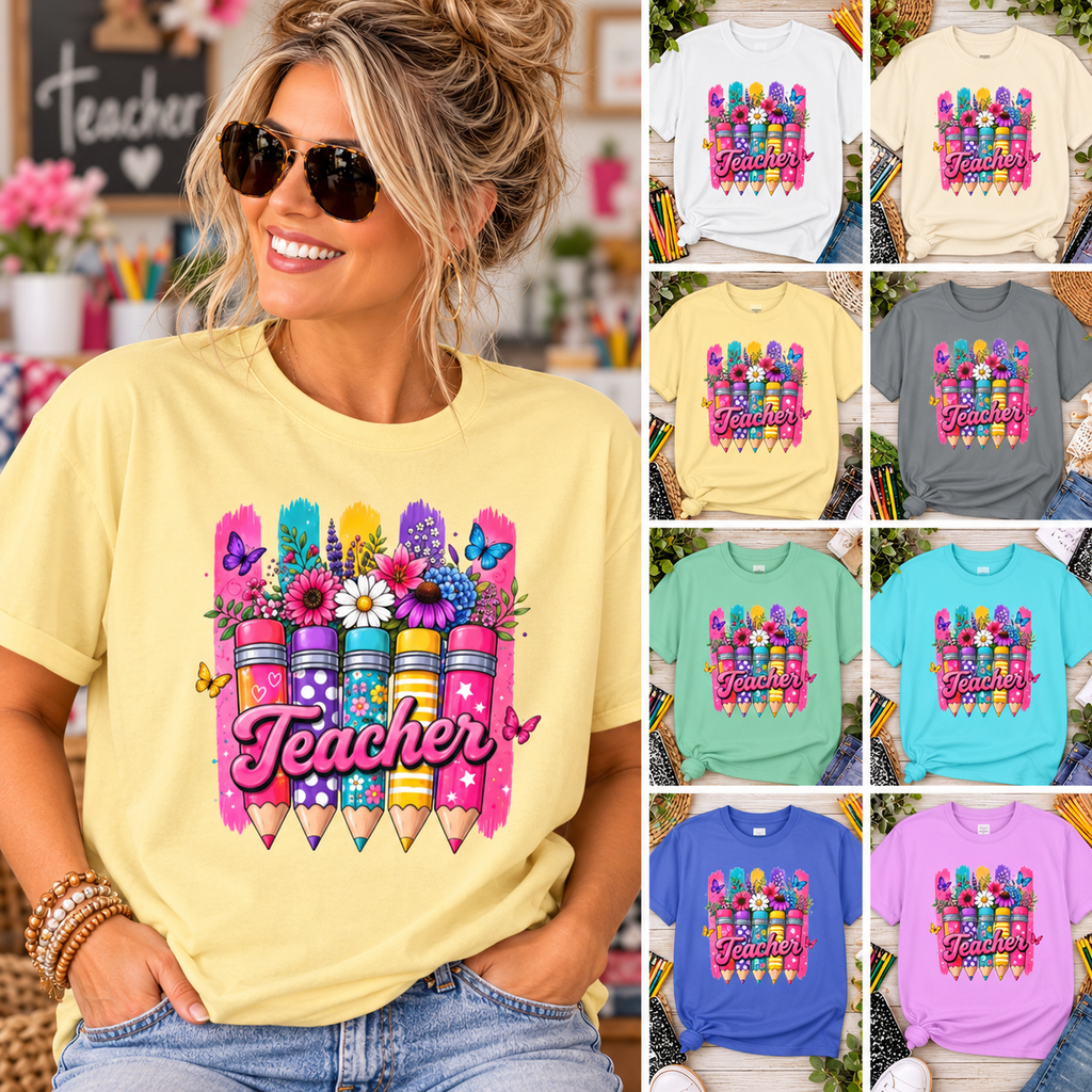 Colorful Pencil Bouquet Teacher T Shirt | Floral School Design