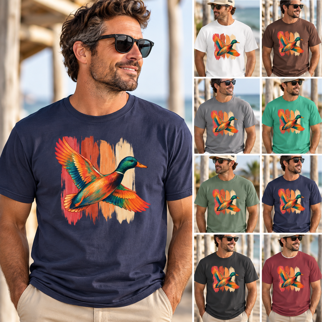Colorful Flying Duck Tee | Vibrant Mallard Illustration, Nature Shirt