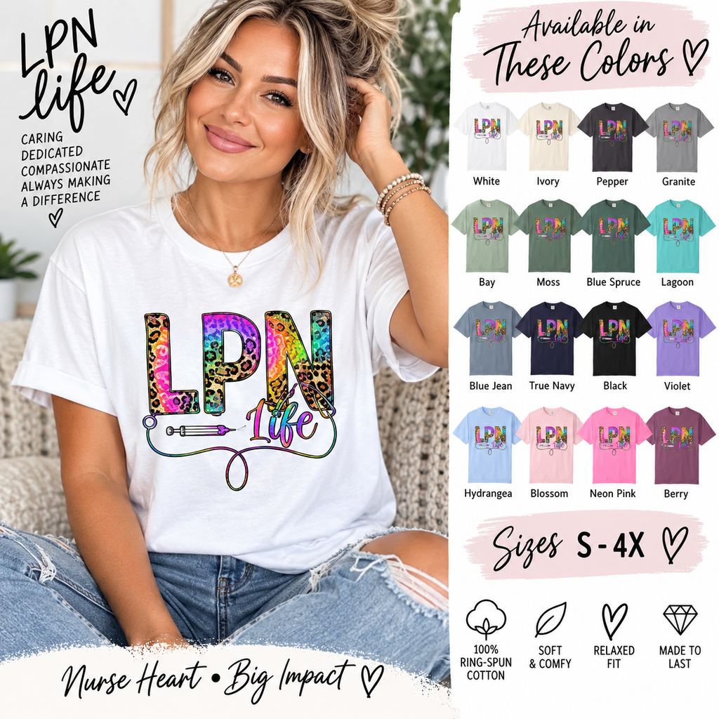 LPN Life T Shirt Colorful Leopard Stethoscope Nursing Tee