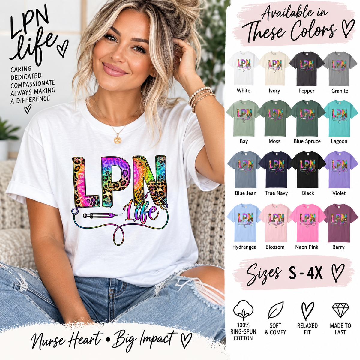 LPN Life T Shirt Colorful Leopard Stethoscope Nursing Tee