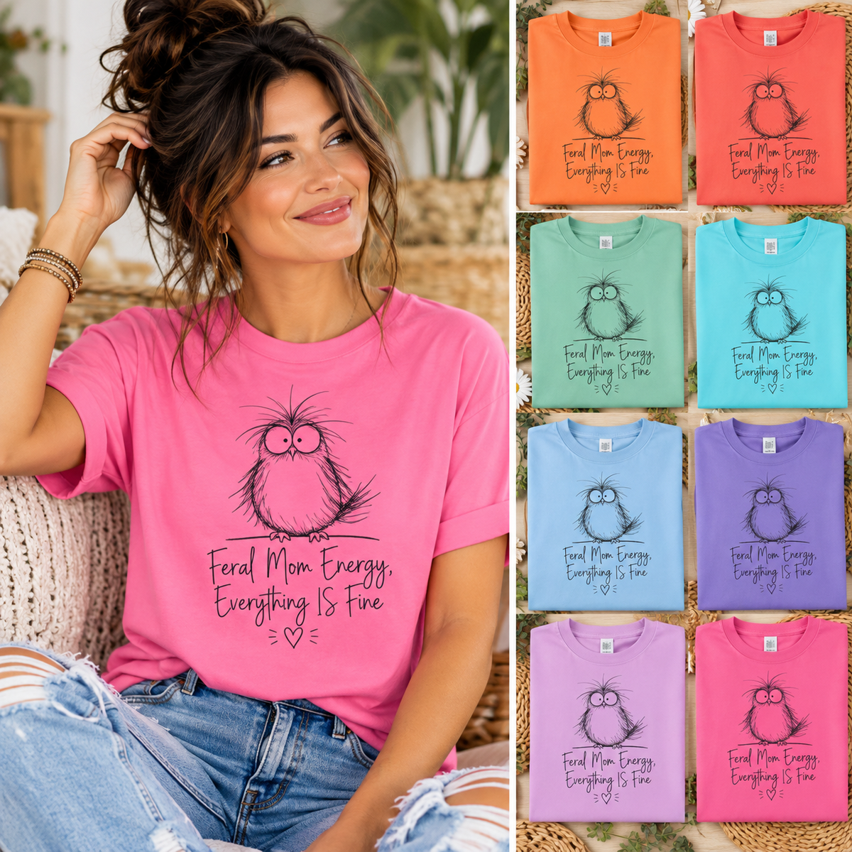 Feral Mom Energy Tee Shirt Cute Fluffy Bird Graphic Tee