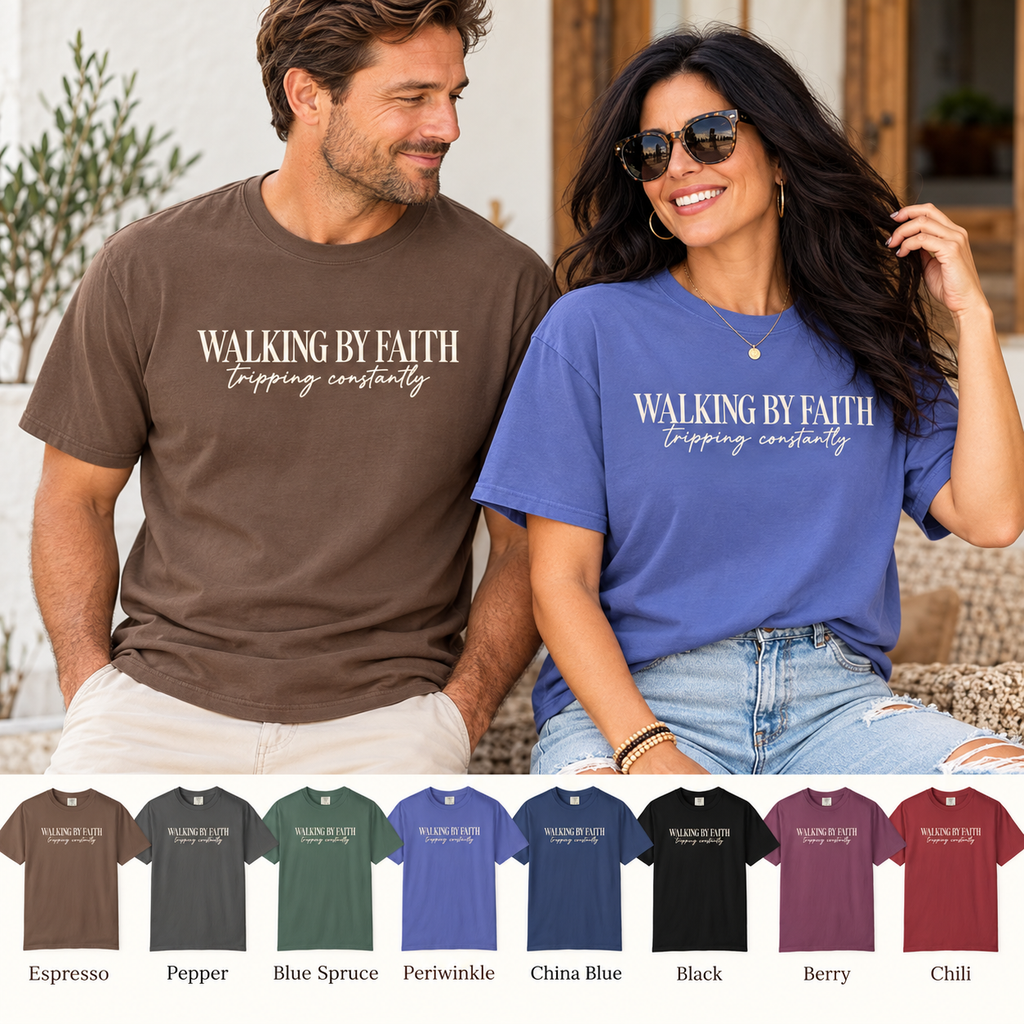 Walking by Faith T Shirt Christian Inspirational Tee Walking by Faith, tripping constantly
