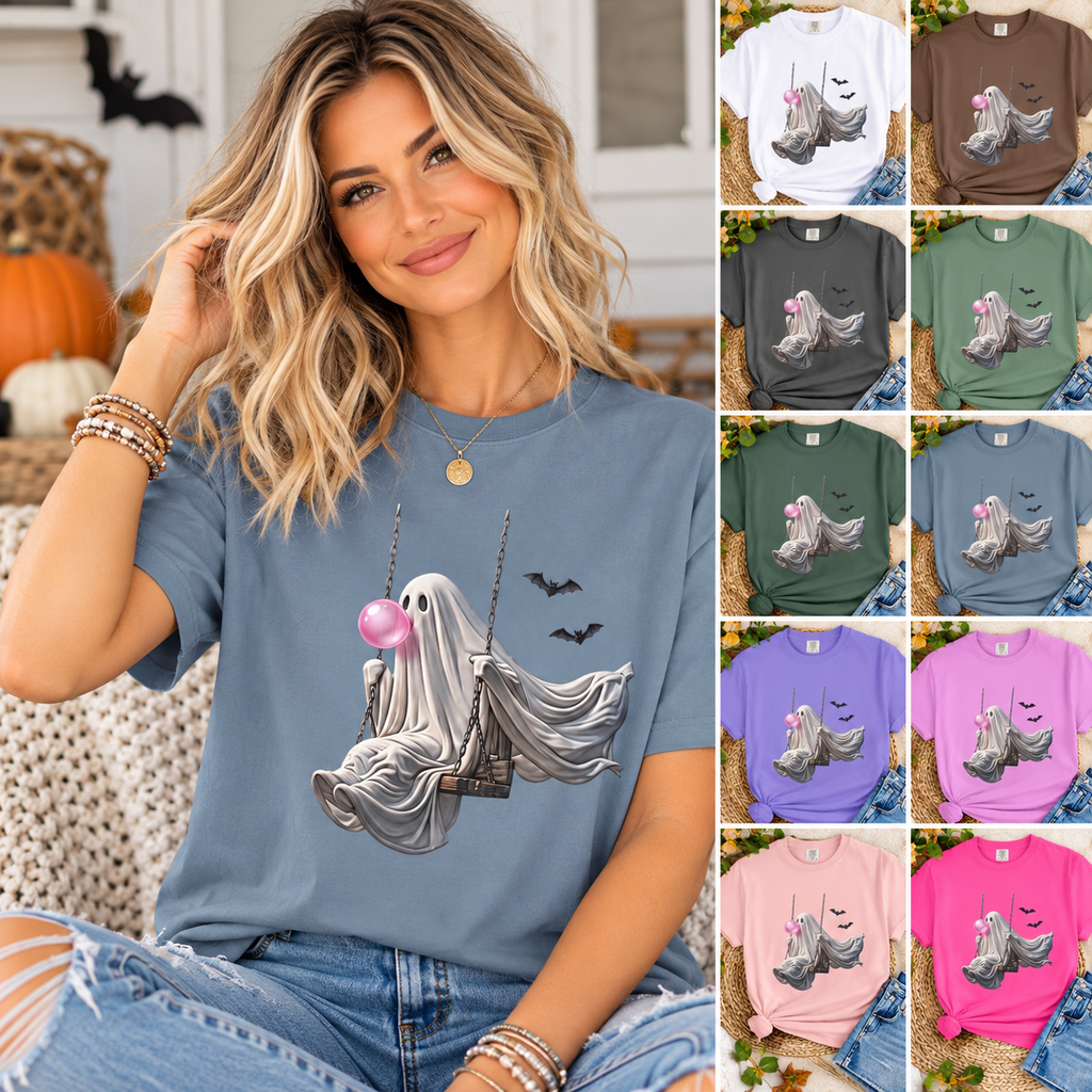 Ghost on Swing Tee Shirt | Cute Halloween Ghost Blowing Bubblegum, Bats