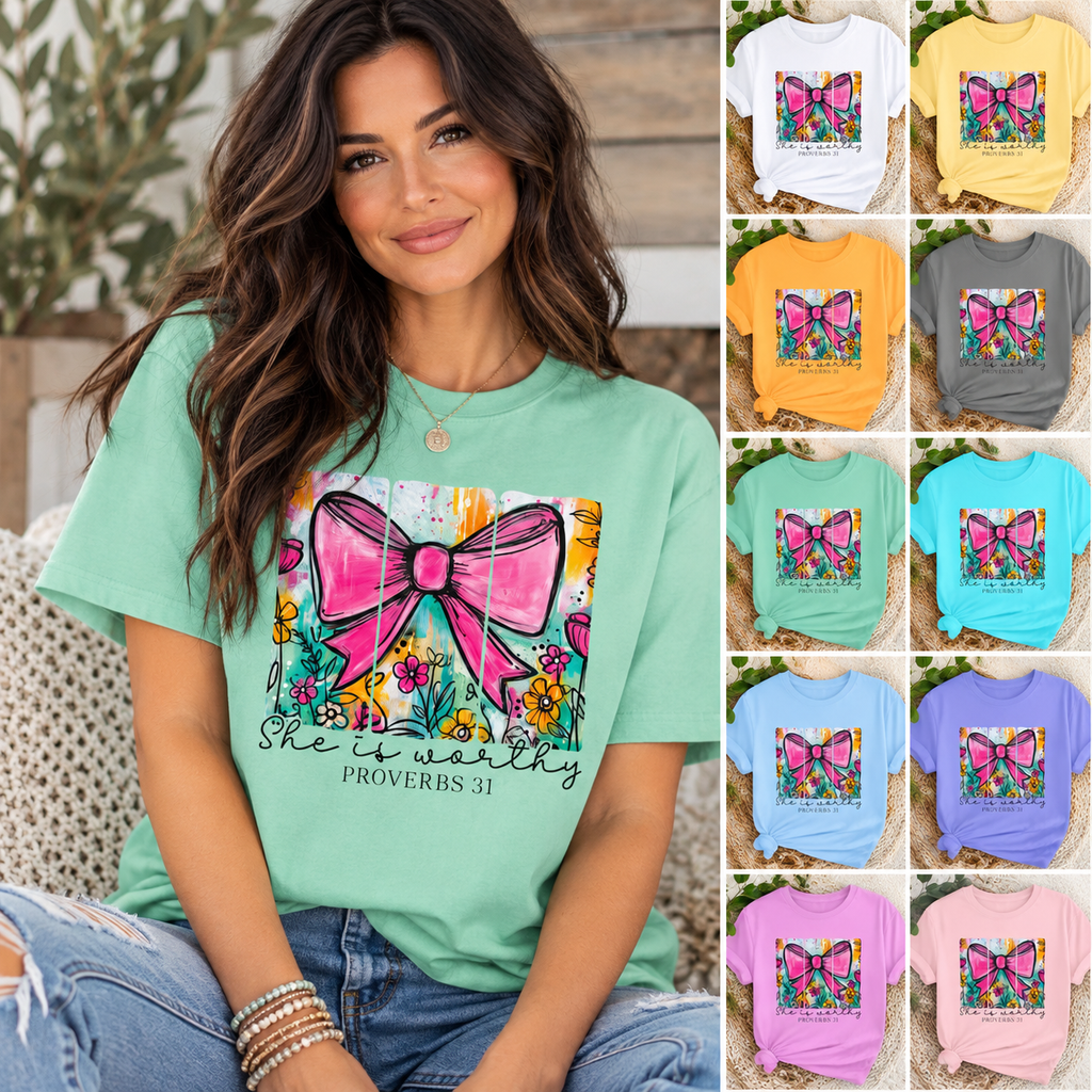 Pink Bow Floral Illustration Tee Shirt | She is Worthy Proverbs 31 Christian Tee