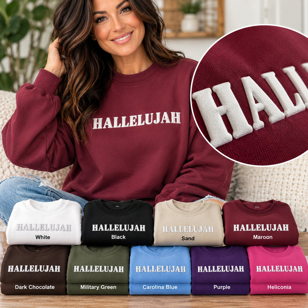 Hallelujah Puff Print Sweatshirt, Christian Faith Crewneck, Raised Letter Sweatshirt, Religious Gift for Her