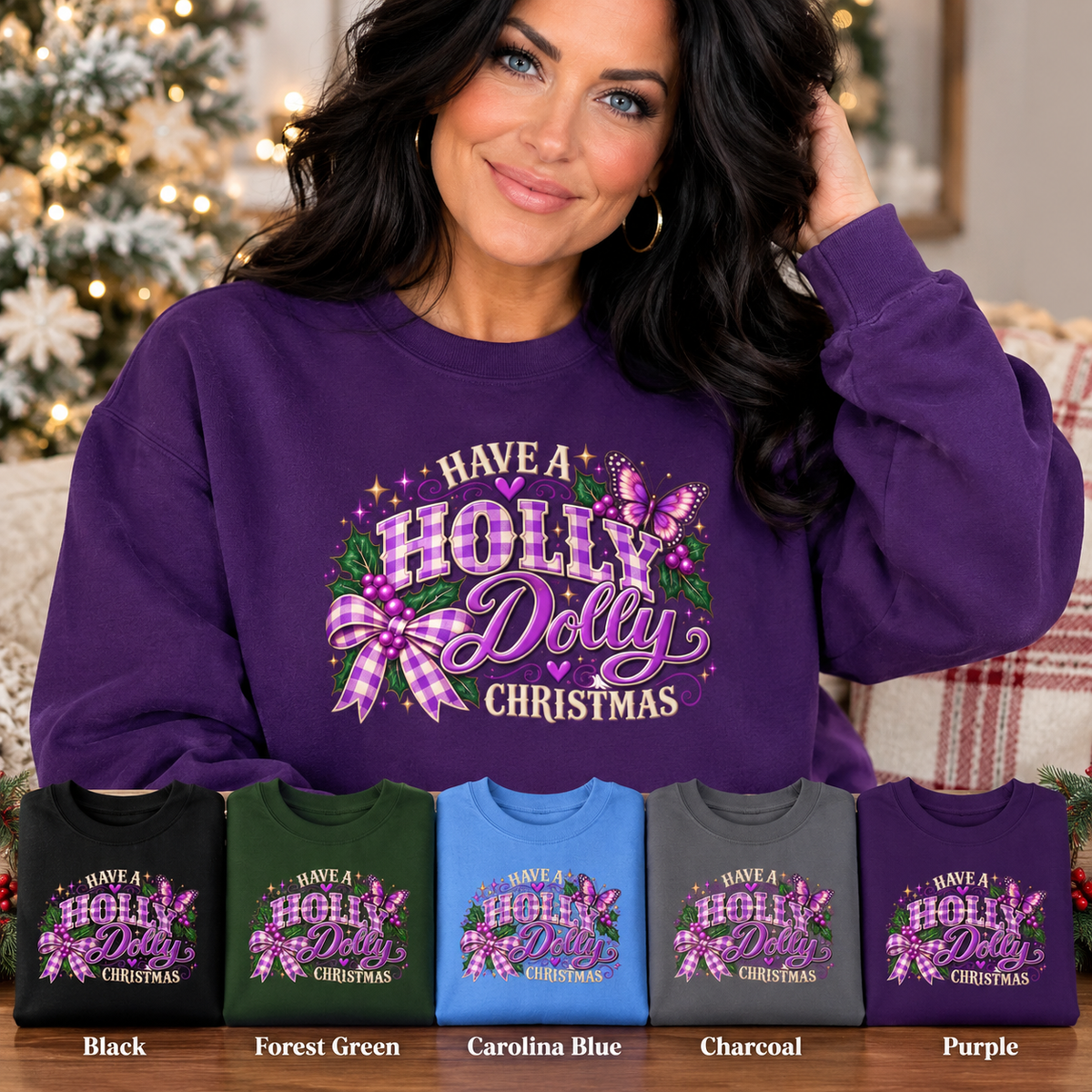 Have a Holly Dolly Christmas Sweatshirt, Dolly Inspired Christmas Shirt, Purple Plaid Holiday Sweatshirt, Butterfly Christmas Gift