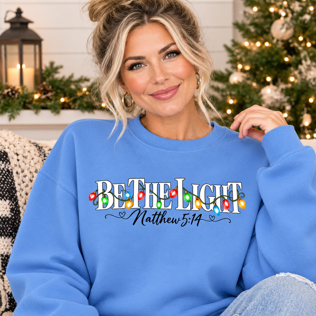 Be The Light Christmas Sweatshirt, Matthew 5:14 Christian Crewneck, Christmas Lights Faith Sweatshirt, Inspirational Holiday Gift