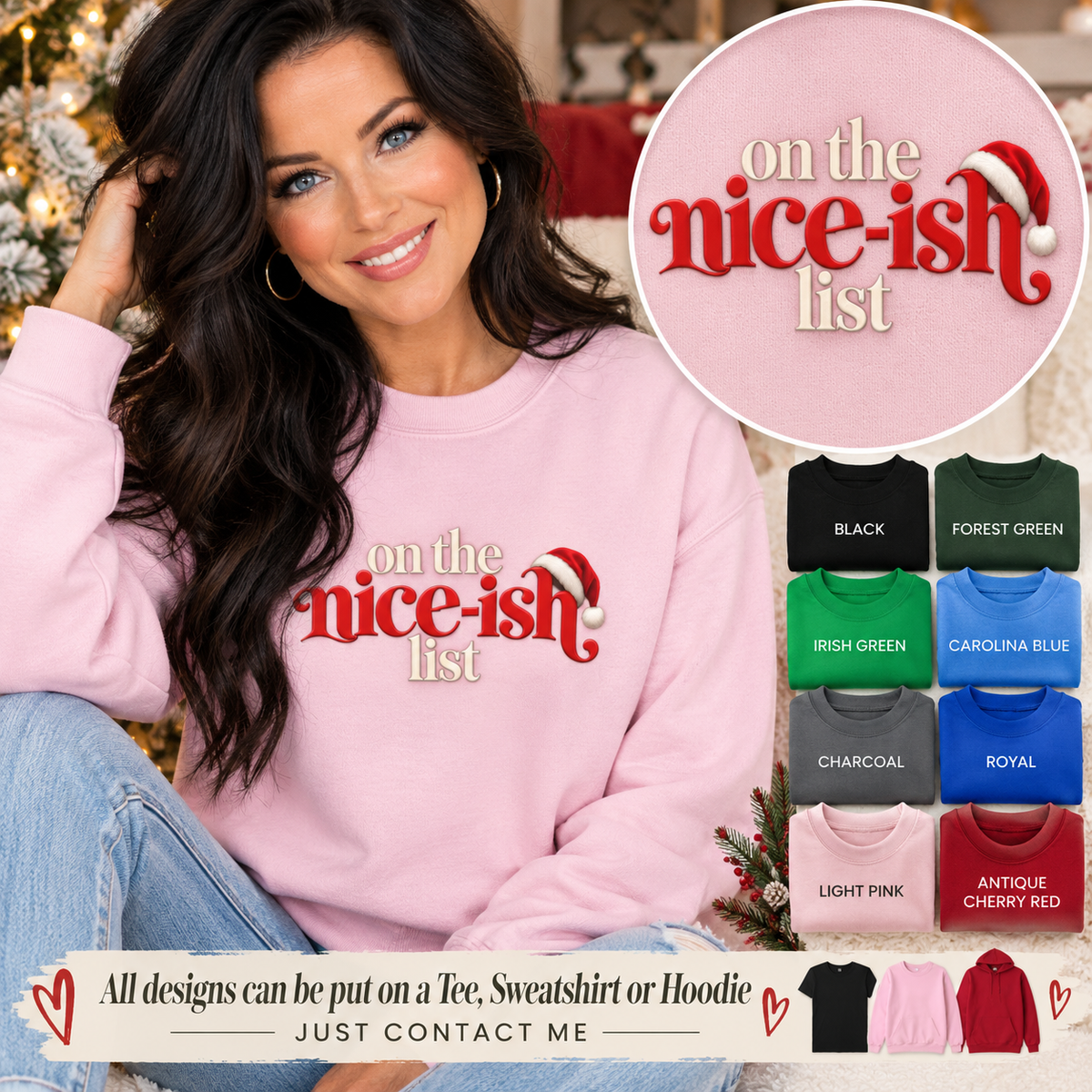 On the Nice-ish List Sweatshirt, Funny Christmas Sweater, Cute Holiday Crewneck, Santa Hat Christmas Shirt, Christmas Gift for Her
