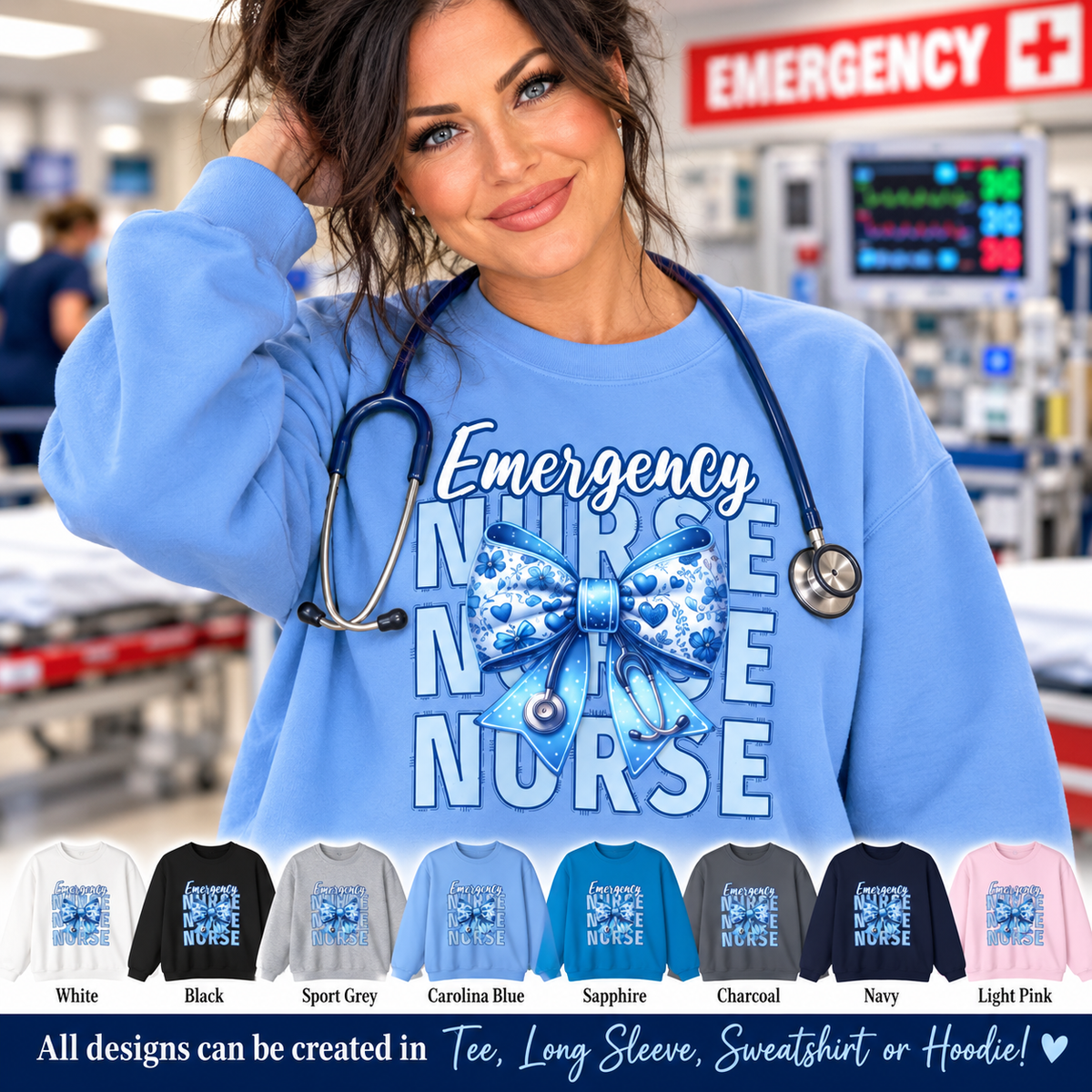 Emergency Nurse Sweatshirt, ER Nurse Blue Bow Shirt, Emergency Room Nurse Gift, RN Sweatshirt, Cute Nurse Apparel, Nursing Gift