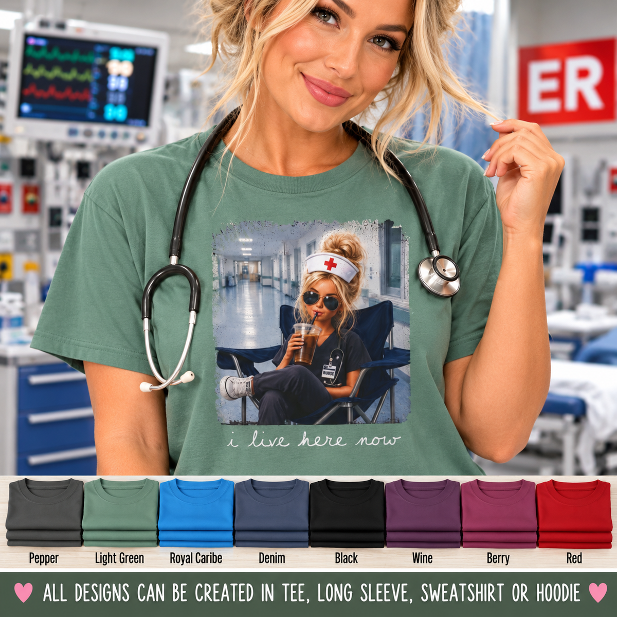 Funny Nurse Shirt, I Live Here Now Nurse Tee, Comfort Colors Nursing Shirt, Sarcastic Nurse Gift, ER Nurse Humor, Healthcare Worker Gift