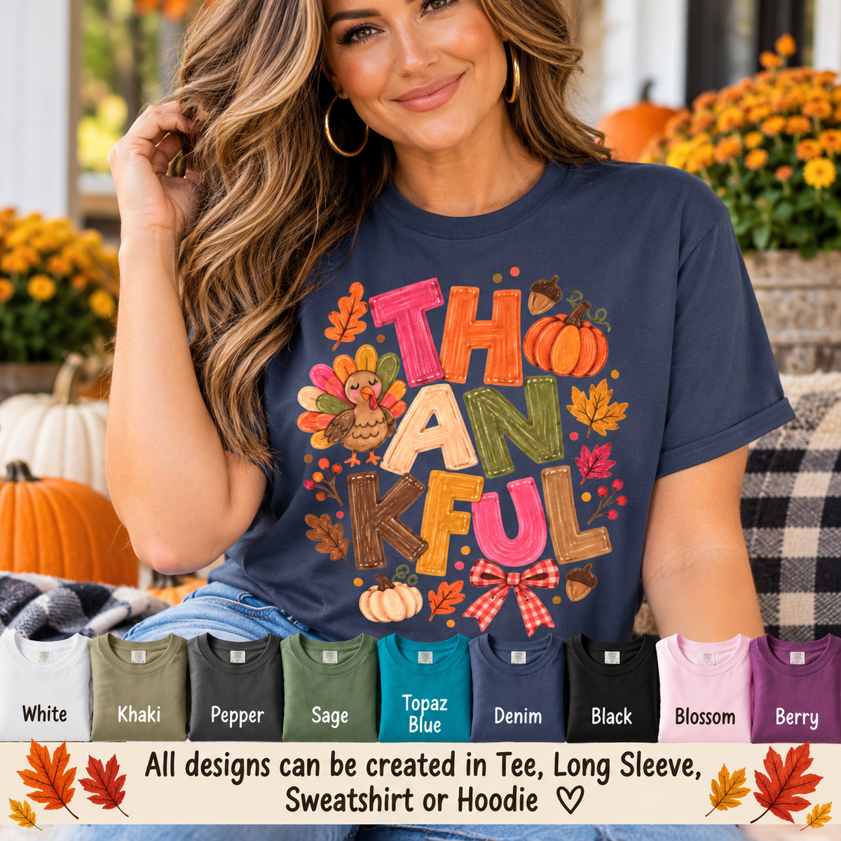 Thankful Turkey Shirt, Cute Thanksgiving Tee, Colorful Fall Graphic T-Shirt, Thanksgiving Outfit, Autumn Shirt, Fall Teacher Gift