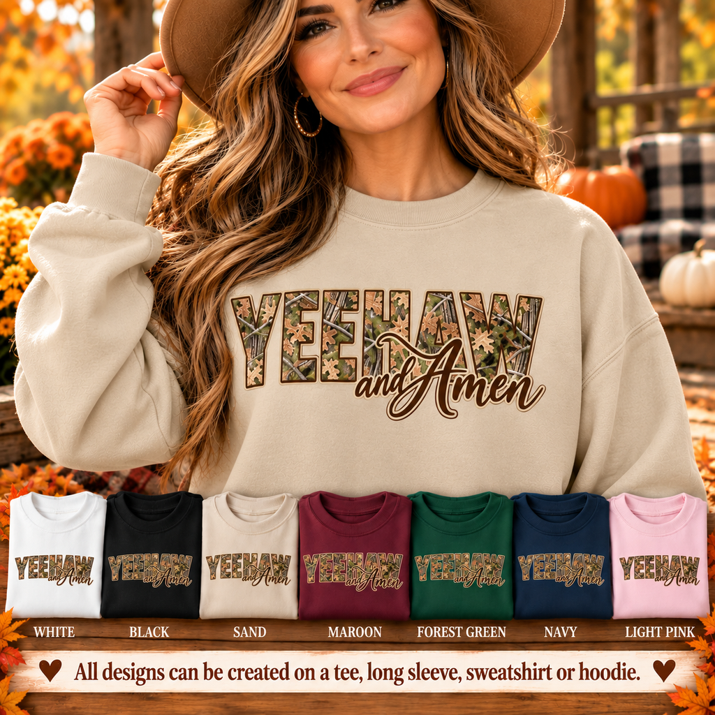 Yeehaw and Amen Camo Sweatshirt, Southern Christian Shirt, Western Cowgirl Sweatshirt, Country Faith Gift, Rustic Graphic Tee