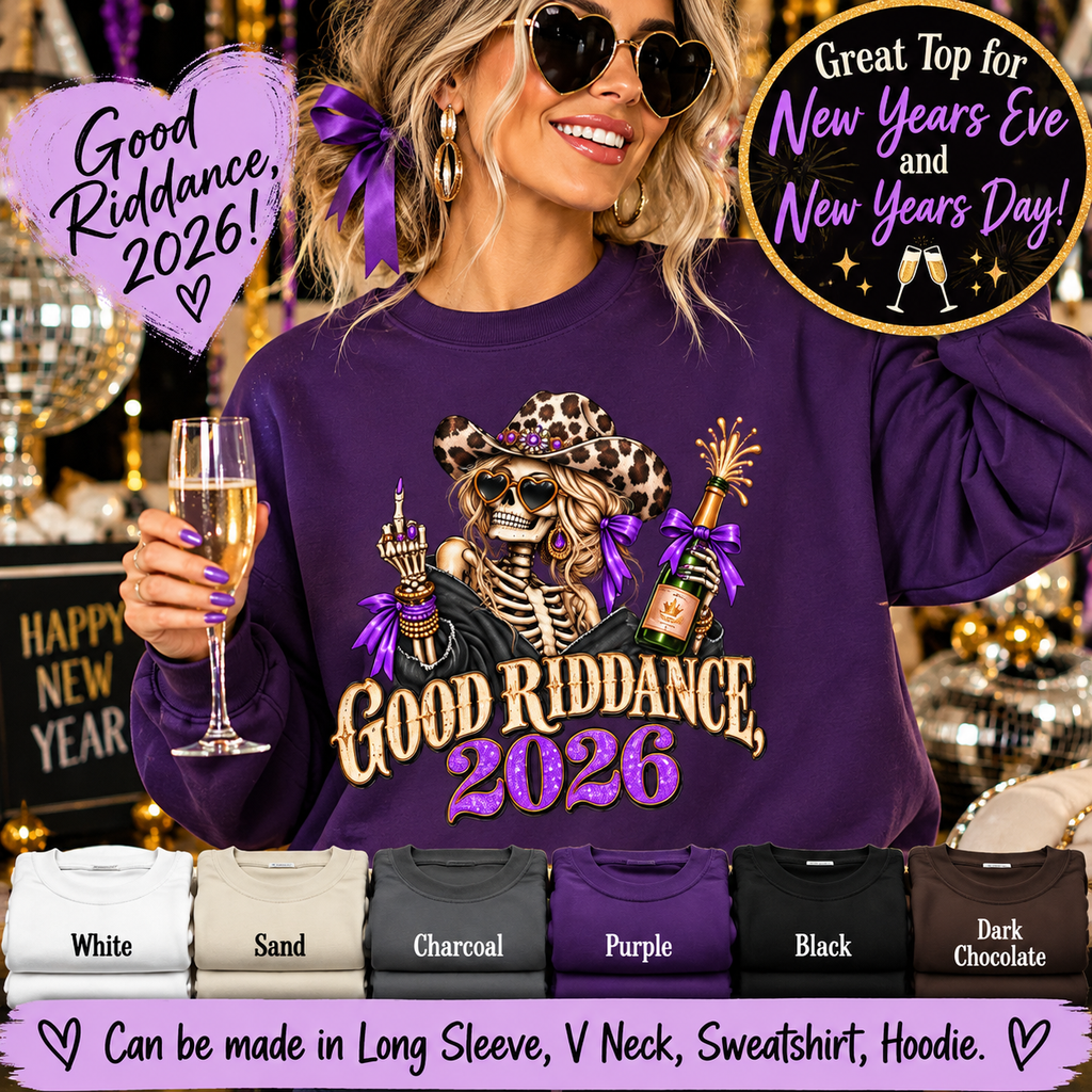 Good Riddance 2026 Sweatshirt, Funny New Years Eve Outfit, Sassy Skeleton Cowgirl Crewneck, Western Leopard Print Shirt, Sarcastic Gift