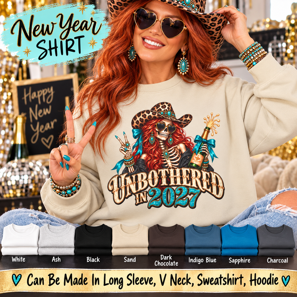 Unbothered in 2027 Sweatshirt, Funny New Years Shirt, Western Cowgirl Skeleton Crewneck, Sassy New Year Outfit, Leopard Print Gift