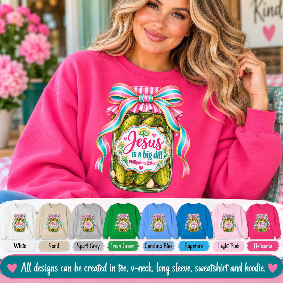 Preppy Christian Coquette Sweatshirt, Jesus Is a Big Dill, Pink Bow Pickle Crewneck, Cute Faith Graphic Sweatshirt, Christian Gift for Her