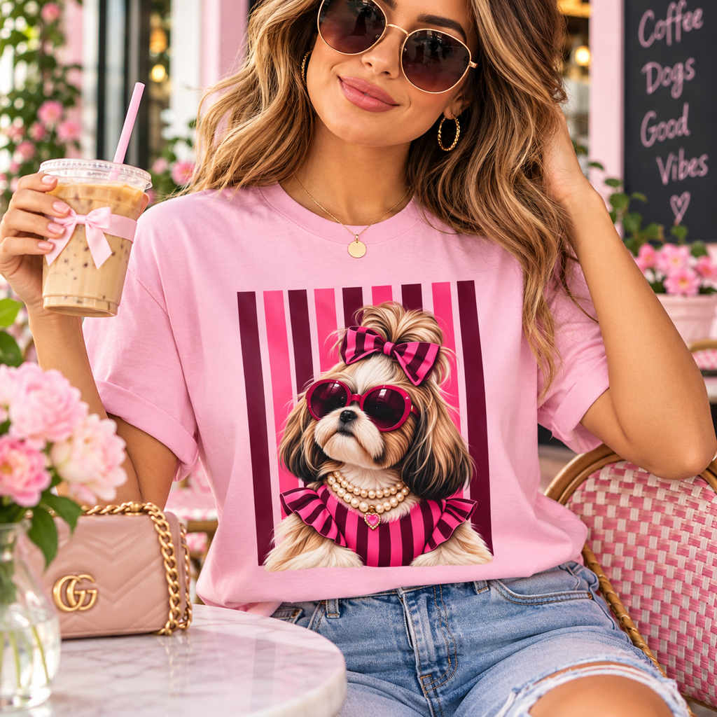 Preppy Shih Tzu Shirt, Cute Dog Mom Graphic Tee, Pink Coquette Dog Shirt, Sassy Dog Lover Gift, Comfort Colors T-Shirt