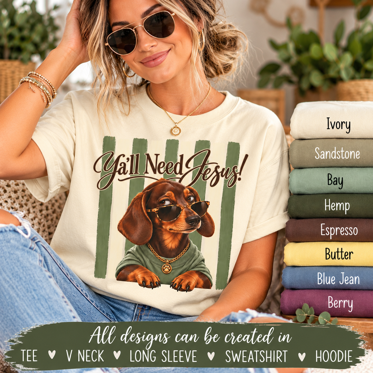 Funny Dachshund Shirt, Y'all Need Jesus Tee, Sarcastic Dog Lover Gift, Comfort Colors T-Shirt, Sassy Wiener Dog Shirt