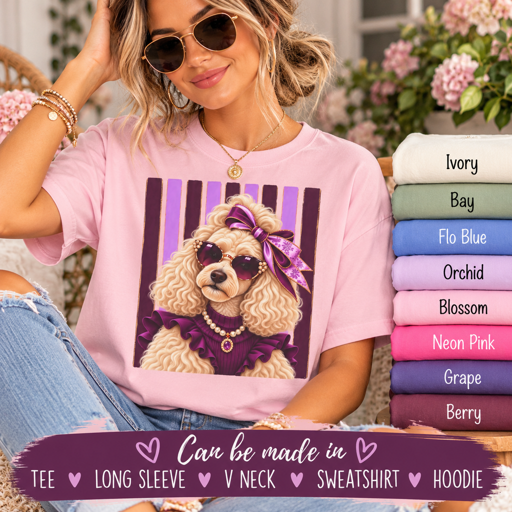 Sassy Poodle Shirt, Comfort Colors Poodle Tee, Coquette Dog Mom Gift, Pink Lavender Dog Lover T-Shirt, Boutique Pet Lover Gift