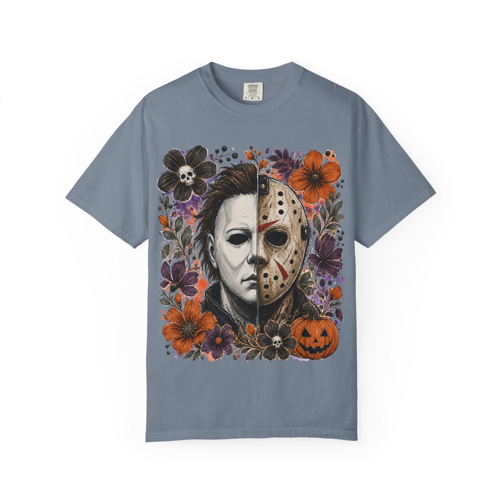 Horror Split Face Floral T Shirt Michael Myers and Jason Halloween Tee