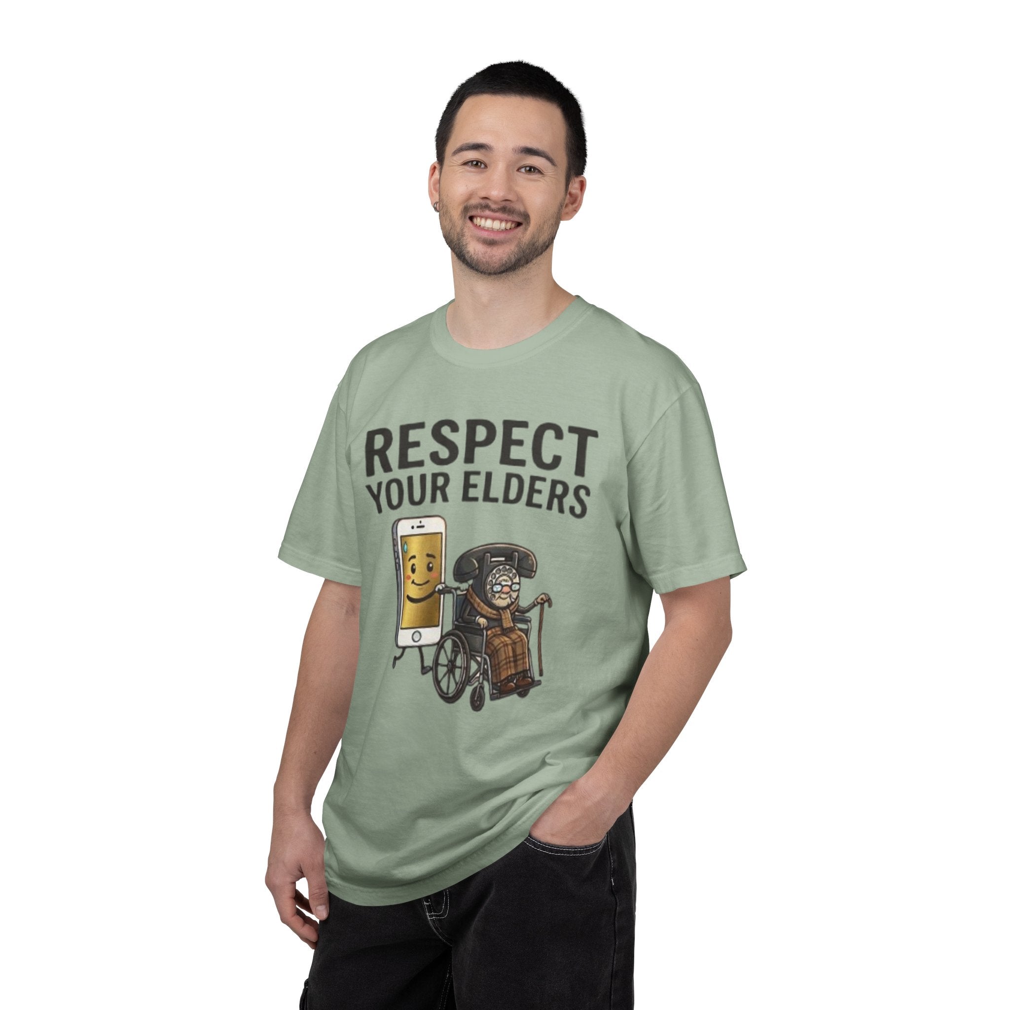 Respect Your Elders T-Shirt  Funny Retro Phone and Wheelchair Graphic Tee