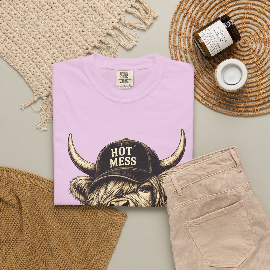Hot Mess Highland Cow T Shirt Funny Cow with Coffee Graphic