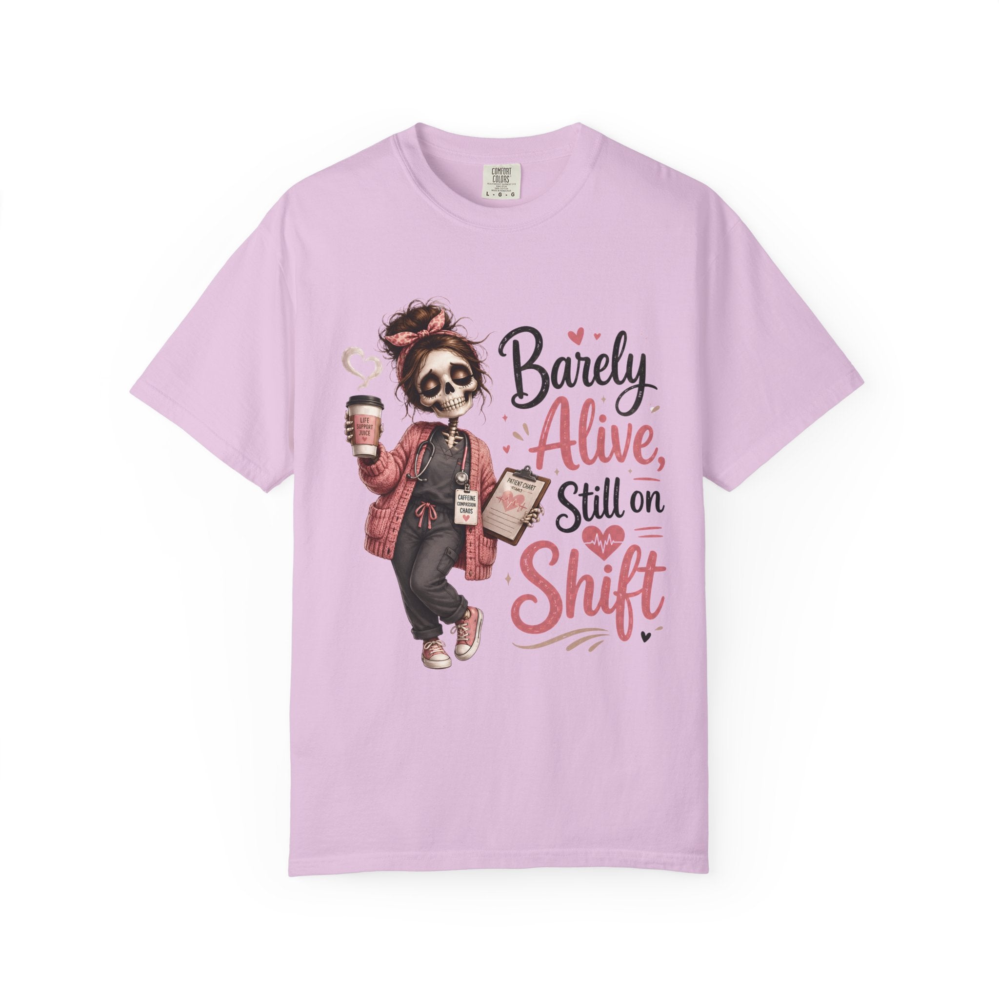 T Shirt Barely Alive Still on Shift Skeleton Barista Graphic Tee