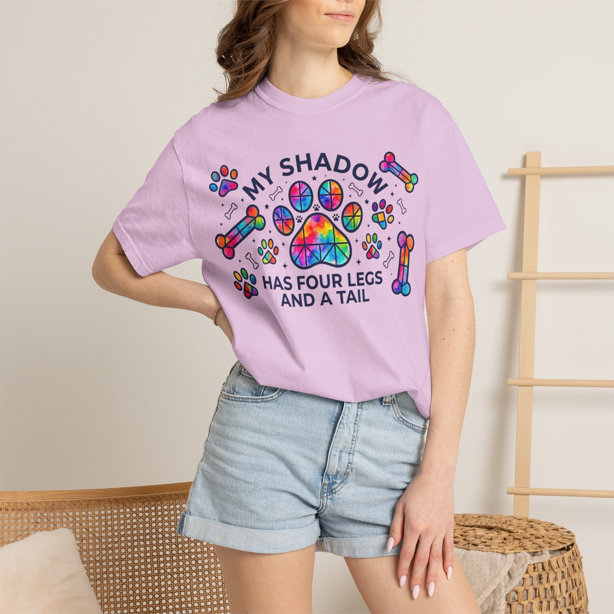 My Shadow Has Four Legs And A Tail T-Shirt Colorful Paw Print Dog Lover Tee
