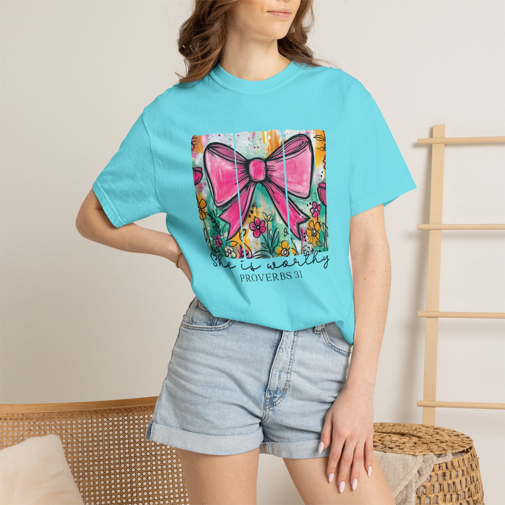 Pink Bow Floral Illustration Tee Shirt | She is Worthy Proverbs 31 Christian Tee